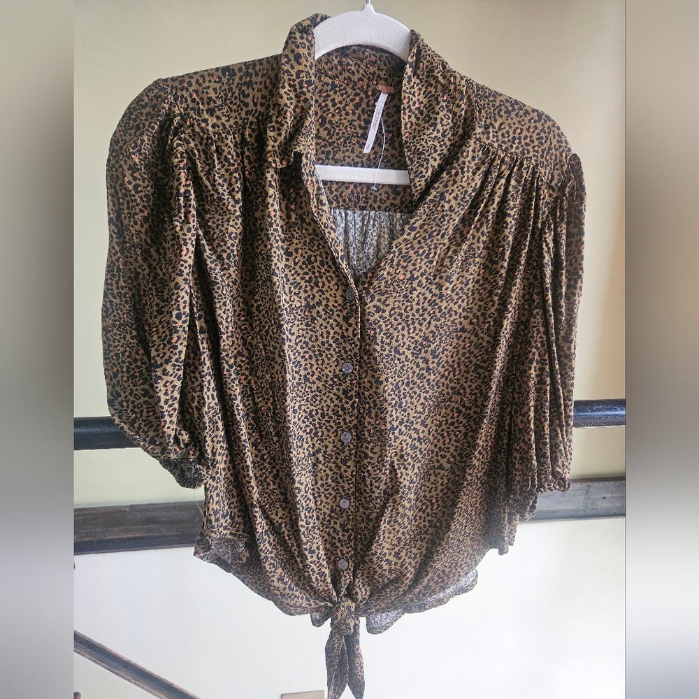 FREE PEOPLE Leopard Print Button-Up Tie Front Blouse